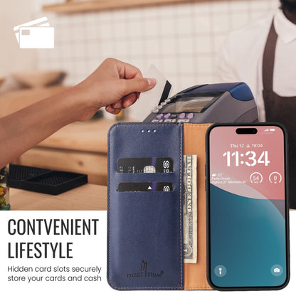 For iPhone 16 Plus Fierre Shann PU Genuine Leather Texture Phone Case(Blue) by FIERRE SHANN
