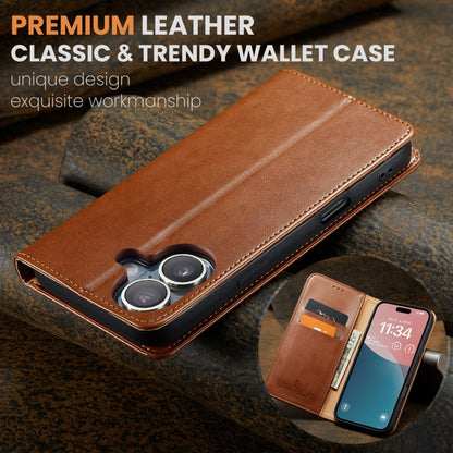 For iPhone 16 Plus Fierre Shann PU Genuine Leather Texture Phone Case(Brown) by FIERRE SHANN