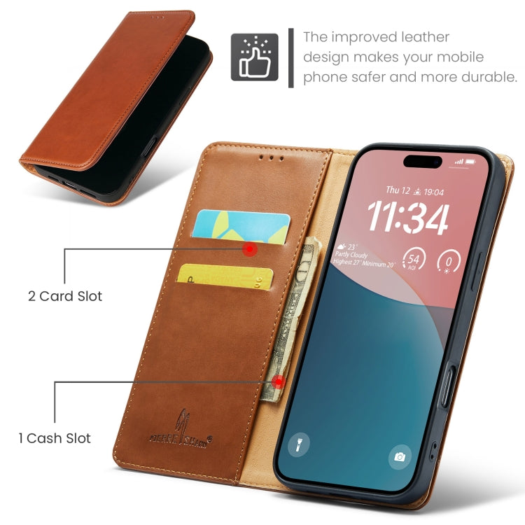 For iPhone 16 Plus Fierre Shann PU Genuine Leather Texture Phone Case(Brown) by FIERRE SHANN