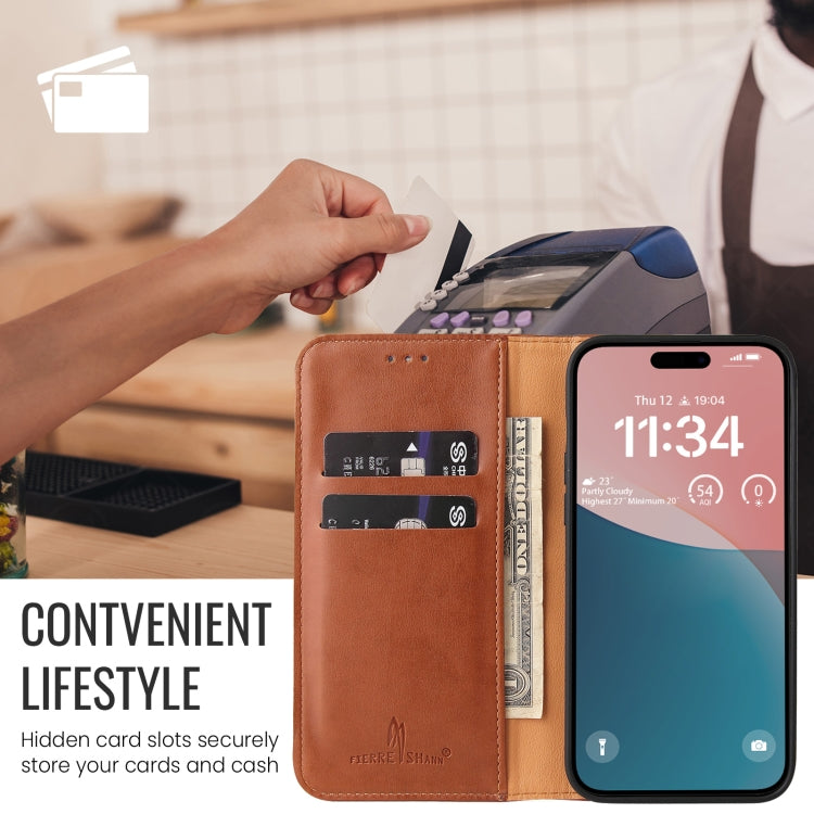 For iPhone 16 Plus Fierre Shann PU Genuine Leather Texture Phone Case(Brown) by FIERRE SHANN