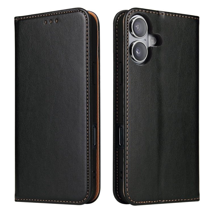 For iPhone 16 Plus Fierre Shann PU Genuine Leather Texture Phone Case(Black) by FIERRE SHANN