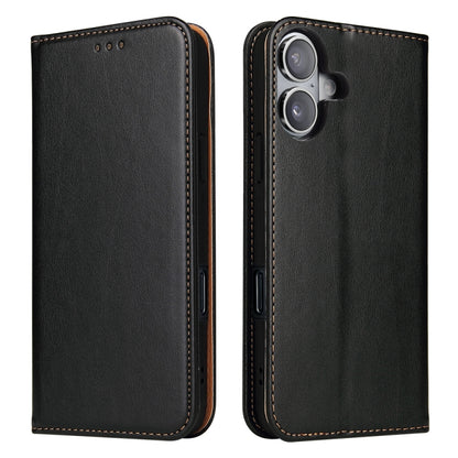 For iPhone 16 Plus Fierre Shann PU Genuine Leather Texture Phone Case(Black) by FIERRE SHANN