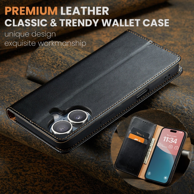 For iPhone 16 Plus Fierre Shann PU Genuine Leather Texture Phone Case(Black) by FIERRE SHANN