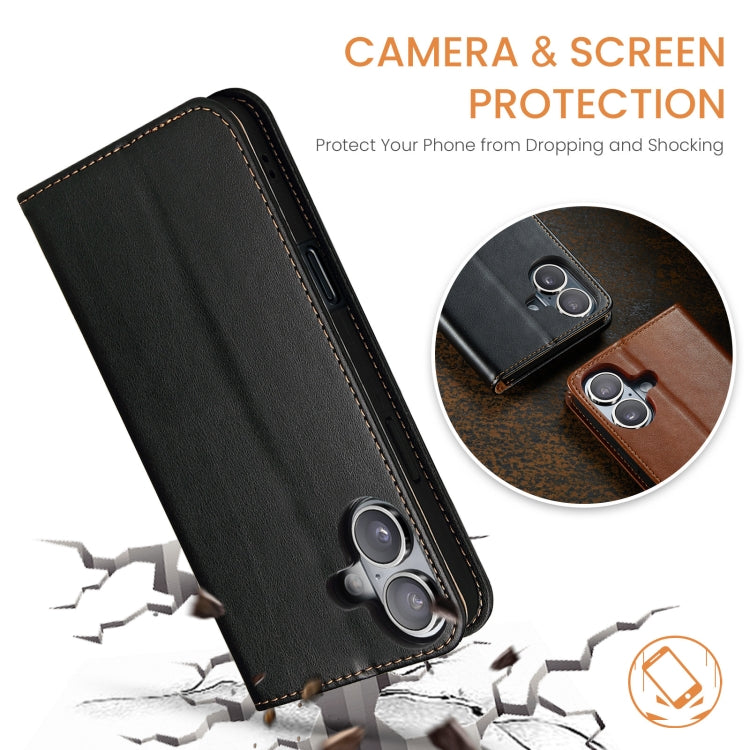 For iPhone 16 Plus Fierre Shann PU Genuine Leather Texture Phone Case(Black) by FIERRE SHANN