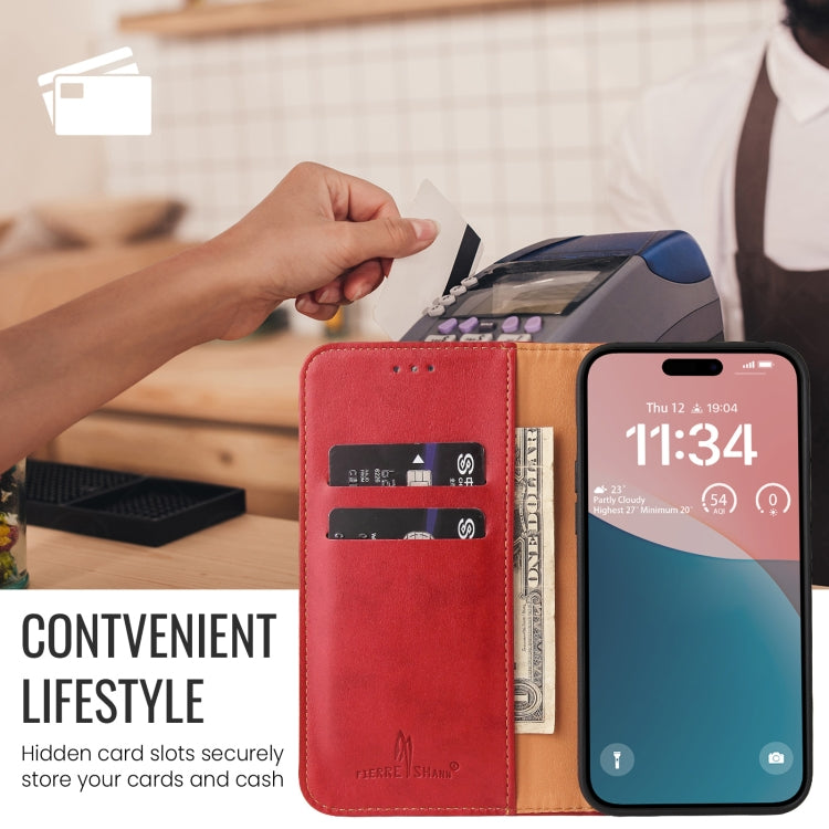 For iPhone 16 Plus Fierre Shann PU Genuine Leather Texture Phone Case(Red) by FIERRE SHANN