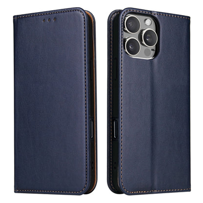 For iPhone 16 Pro Fierre Shann PU Genuine Leather Texture Phone Case(Blue) by FIERRE SHANN