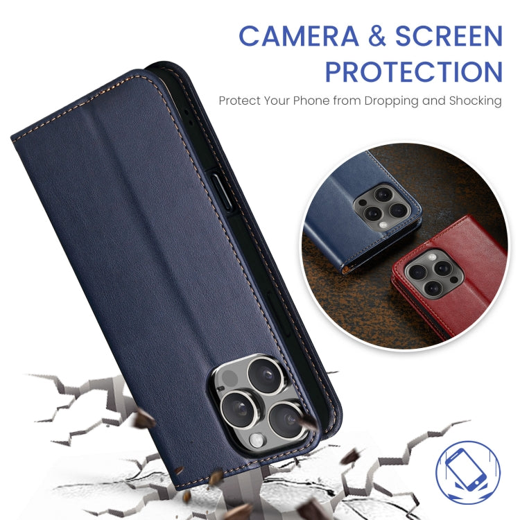 For iPhone 16 Pro Fierre Shann PU Genuine Leather Texture Phone Case(Blue) by FIERRE SHANN