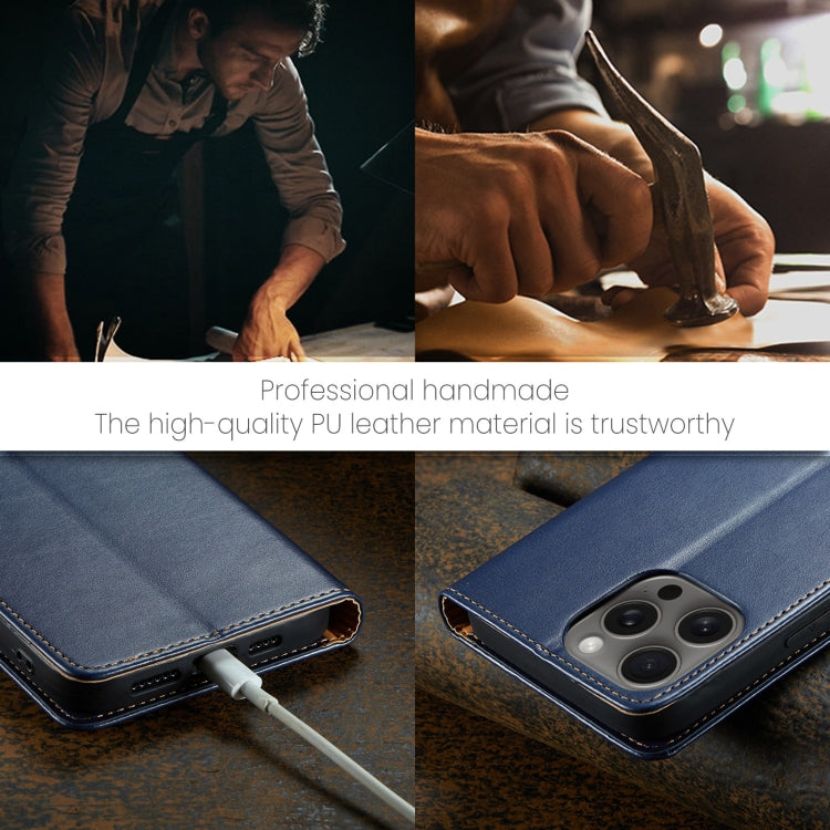 For iPhone 16 Pro Fierre Shann PU Genuine Leather Texture Phone Case(Blue) by FIERRE SHANN