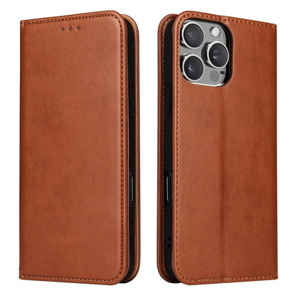 For iPhone 16 Pro Fierre Shann PU Genuine Leather Texture Phone Case(Brown) by FIERRE SHANN
