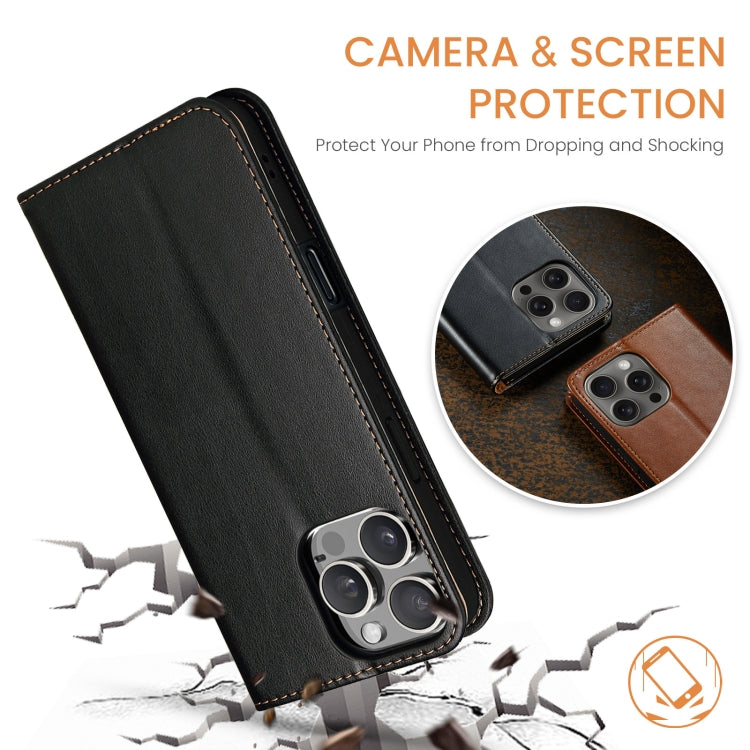For iPhone 16 Pro Fierre Shann PU Genuine Leather Texture Phone Case(Black) by FIERRE SHANN