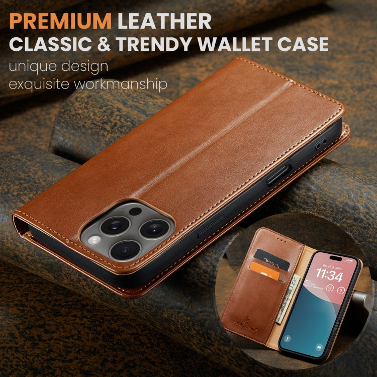For iPhone 16 Pro Max Fierre Shann PU Genuine Leather Texture Phone Case(Brown) by FIERRE SHANN