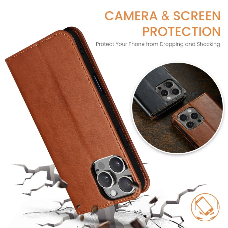 For iPhone 16 Pro Max Fierre Shann PU Genuine Leather Texture Phone Case(Brown) by FIERRE SHANN