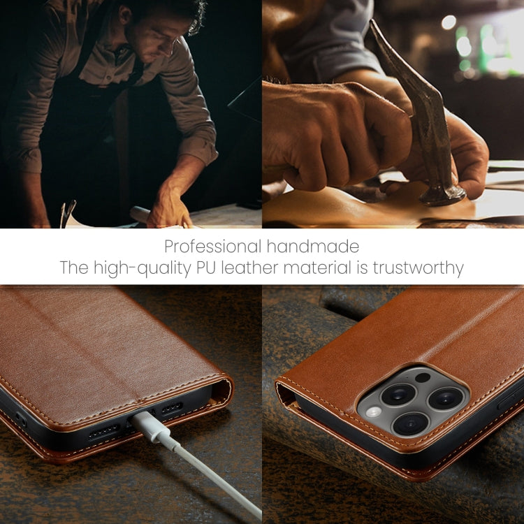 For iPhone 16 Pro Max Fierre Shann PU Genuine Leather Texture Phone Case(Brown) by FIERRE SHANN