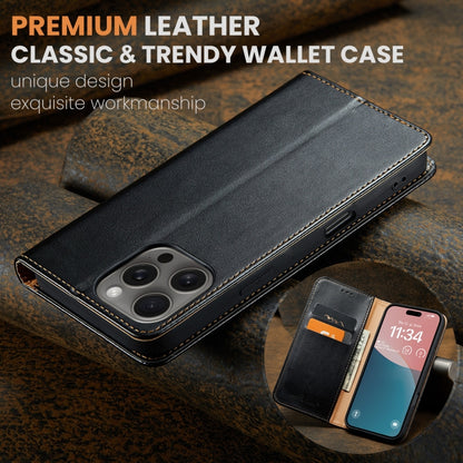 For iPhone 16 Pro Max Fierre Shann PU Genuine Leather Texture Phone Case(Black) by FIERRE SHANN
