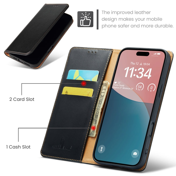 For iPhone 16 Pro Max Fierre Shann PU Genuine Leather Texture Phone Case(Black) by FIERRE SHANN