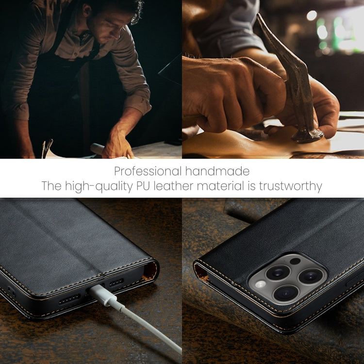 For iPhone 16 Pro Max Fierre Shann PU Genuine Leather Texture Phone Case(Black) by FIERRE SHANN