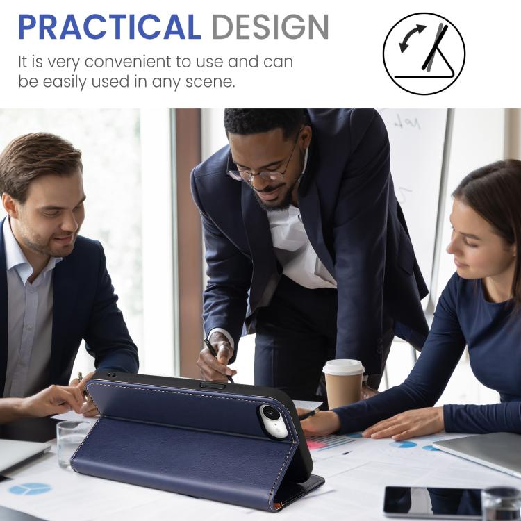 For iPhone 16e Fierre Shann PU Genuine Leather Texture Phone Case(Blue) by FIERRE SHANN