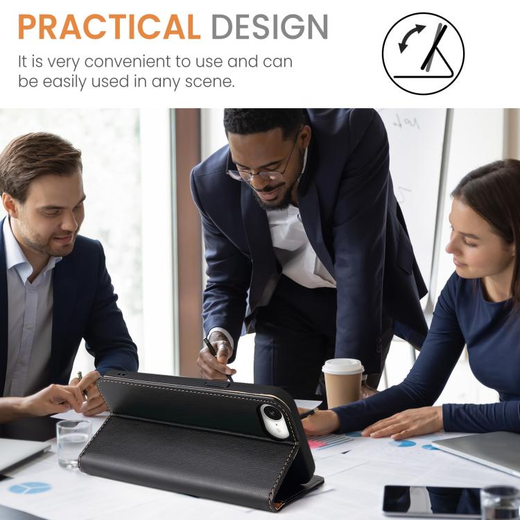 For iPhone 16e Fierre Shann PU Genuine Leather Texture Phone Case(Black) by FIERRE SHANN