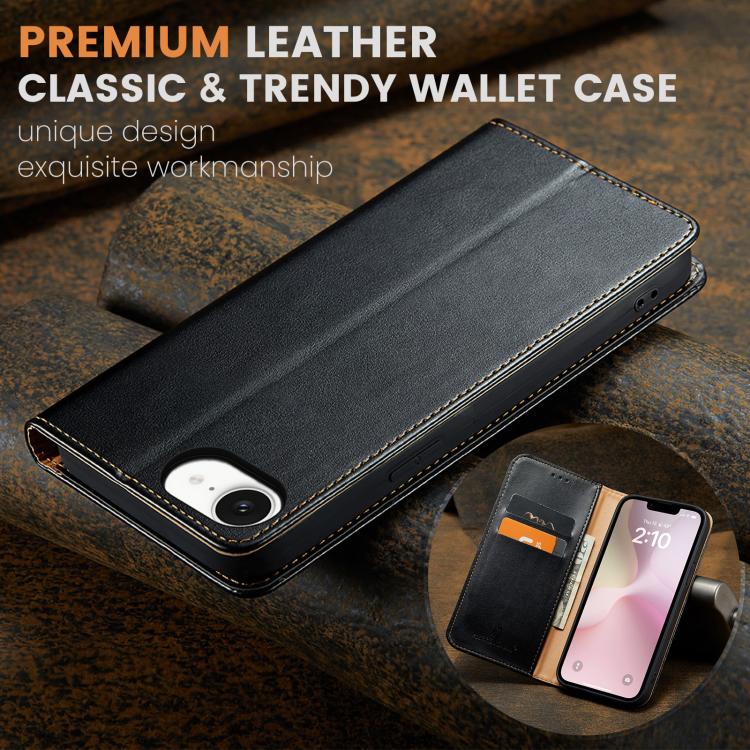 For iPhone 16e Fierre Shann PU Genuine Leather Texture Phone Case(Black) by FIERRE SHANN