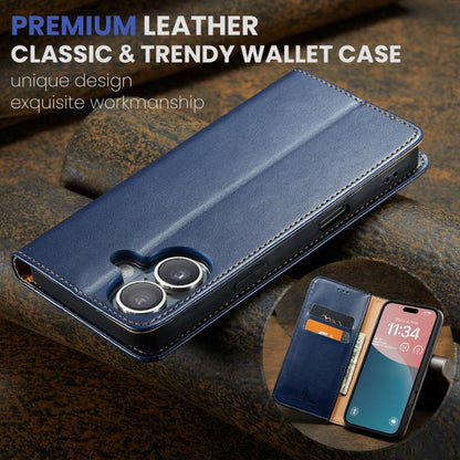 For iPhone 17 Fierre Shann PU Genuine Leather Texture Phone Case(Blue) by FIERRE SHANN