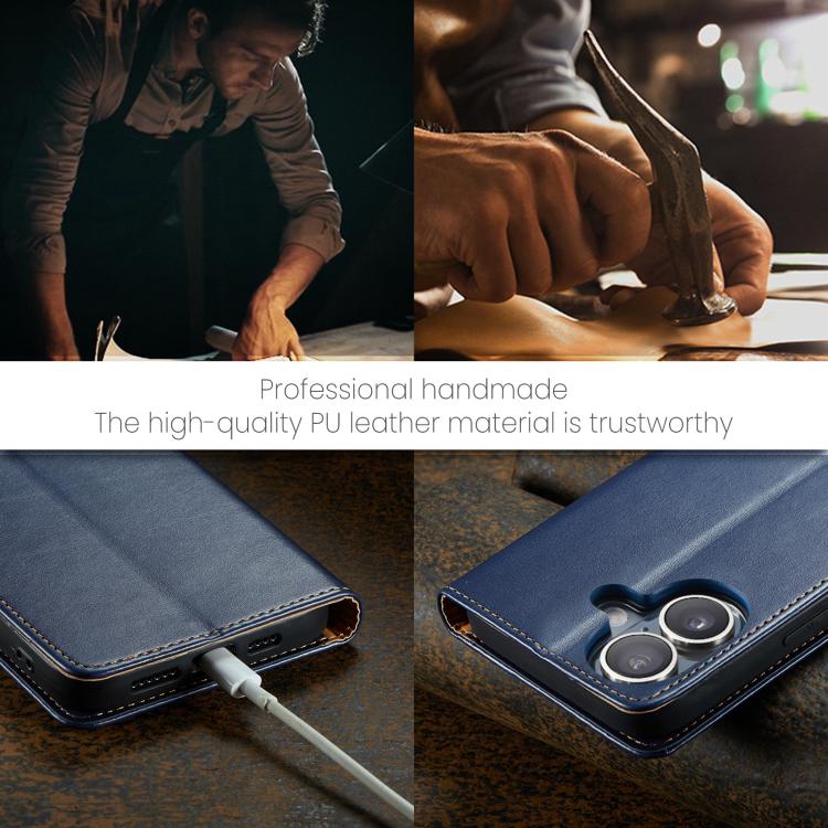 For iPhone 17 Fierre Shann PU Genuine Leather Texture Phone Case(Blue) by FIERRE SHANN