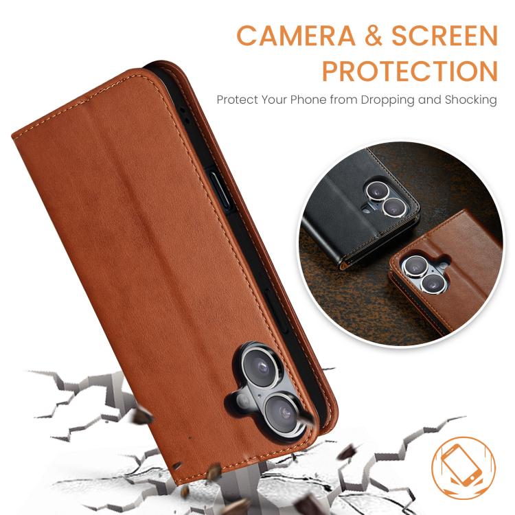 For iPhone 17 Fierre Shann PU Genuine Leather Texture Phone Case(Brown) by FIERRE SHANN