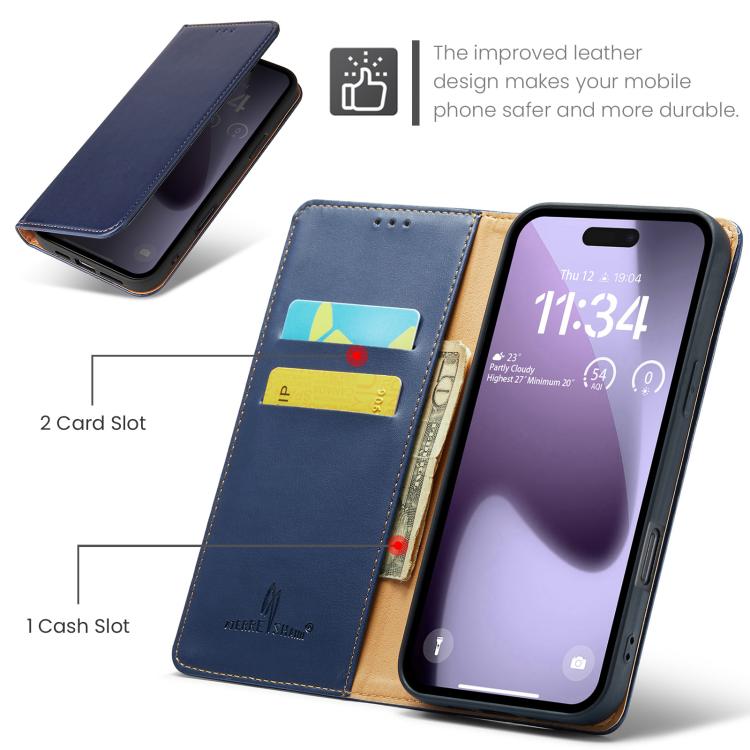 For iPhone 17 Pro Fierre Shann PU Genuine Leather Texture Phone Case(Blue) by FIERRE SHANN