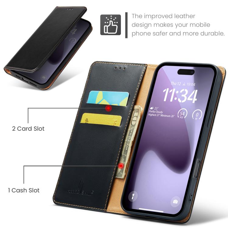 For iPhone 17 Pro Fierre Shann PU Genuine Leather Texture Phone Case(Black) by FIERRE SHANN