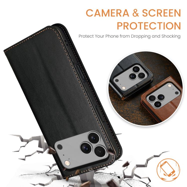 For iPhone 17 Pro Fierre Shann PU Genuine Leather Texture Phone Case(Black) by FIERRE SHANN