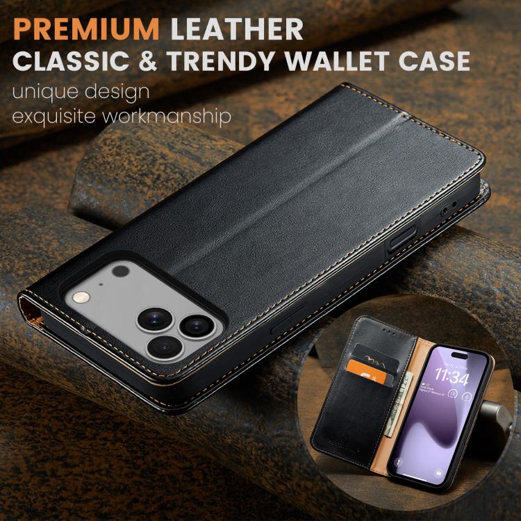 For iPhone 17 Pro Fierre Shann PU Genuine Leather Texture Phone Case(Black) by FIERRE SHANN