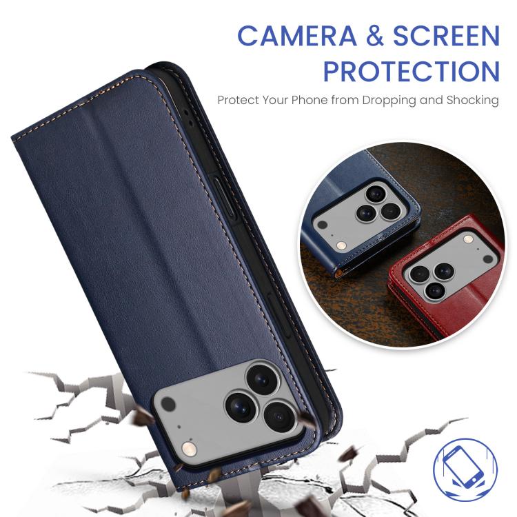For iPhone 17 Pro Max Fierre Shann PU Genuine Leather Texture Phone Case(Blue) by FIERRE SHANN