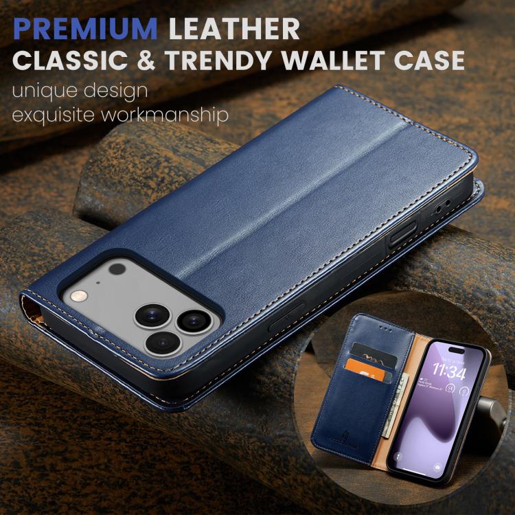 For iPhone 17 Pro Max Fierre Shann PU Genuine Leather Texture Phone Case(Blue) by FIERRE SHANN