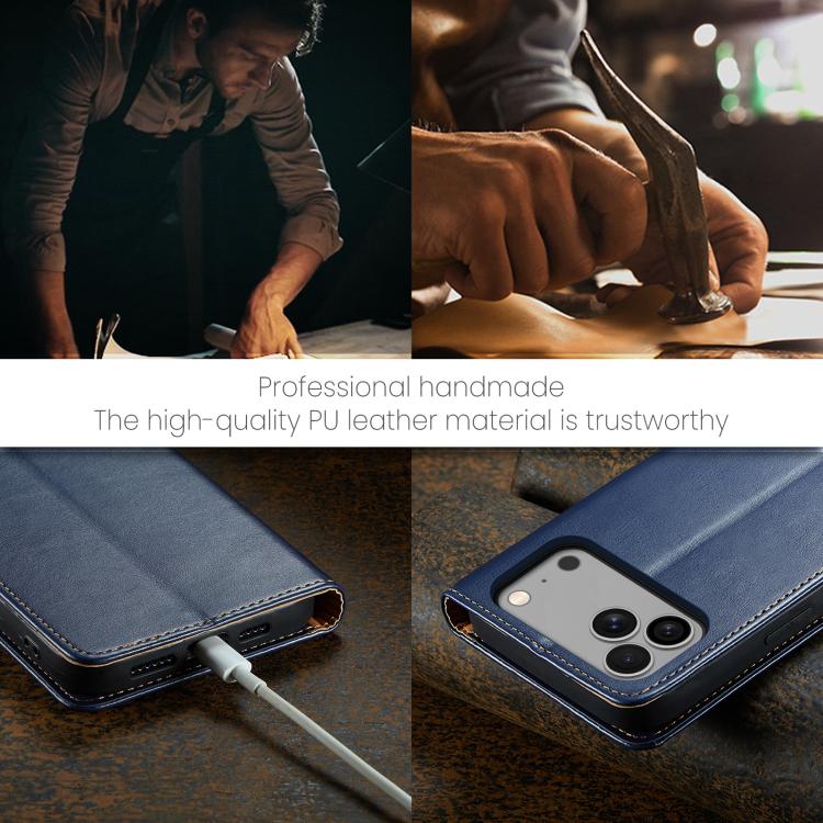 For iPhone 17 Pro Max Fierre Shann PU Genuine Leather Texture Phone Case(Blue) by FIERRE SHANN