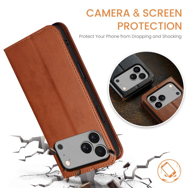 For iPhone 17 Pro Max Fierre Shann PU Genuine Leather Texture Phone Case(Brown) by FIERRE SHANN