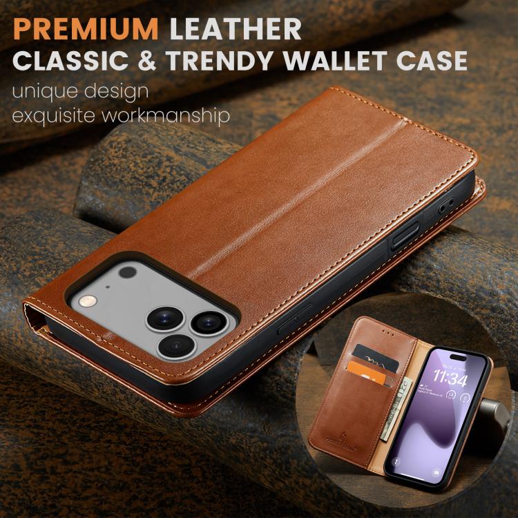 For iPhone 17 Pro Max Fierre Shann PU Genuine Leather Texture Phone Case(Brown) by FIERRE SHANN