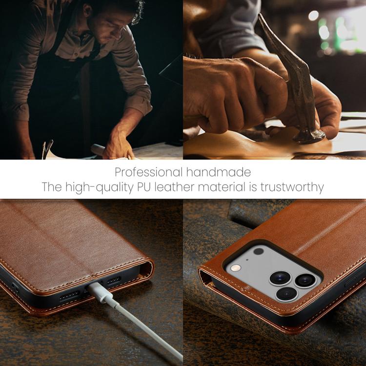 For iPhone 17 Pro Max Fierre Shann PU Genuine Leather Texture Phone Case(Brown) by FIERRE SHANN