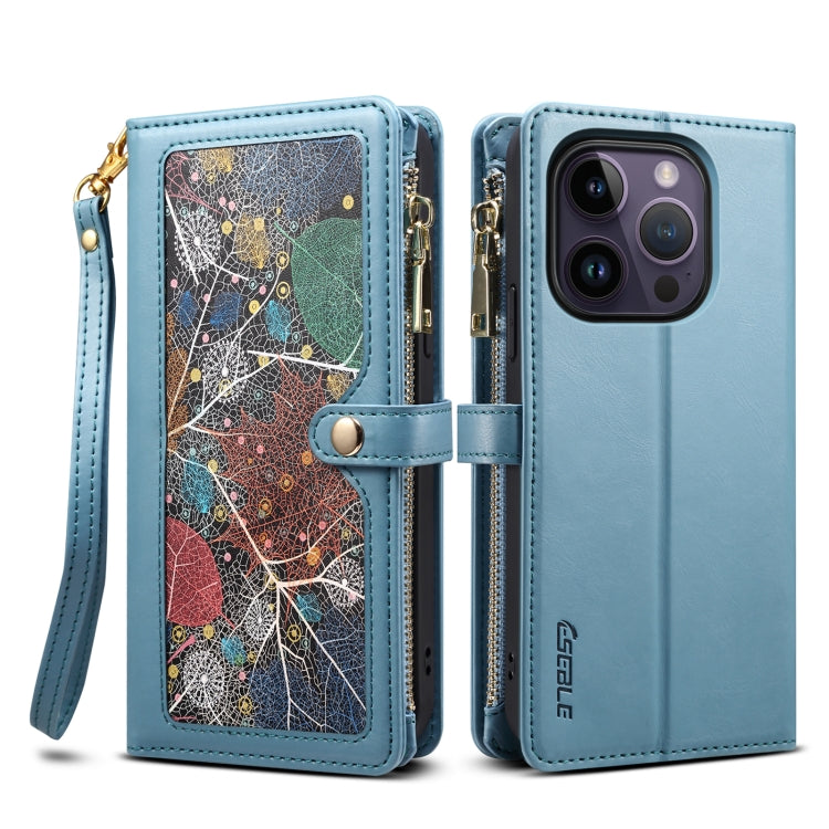 For iPhone 15 Pro ESEBLE Star Series Lanyard Zipper Wallet RFID Leather Case(Blue) by ESEBLE