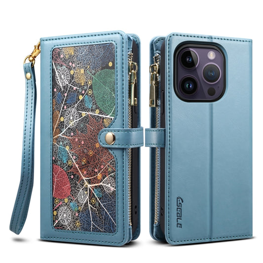 For iPhone 15 Pro ESEBLE Star Series Lanyard Zipper Wallet RFID Leather Case(Blue) by ESEBLE