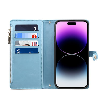 For iPhone 15 Pro ESEBLE Star Series Lanyard Zipper Wallet RFID Leather Case(Blue) by ESEBLE