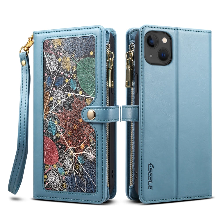 For iPhone 15 Plus ESEBLE Star Series Lanyard Zipper Wallet RFID Leather Case(Blue) by ESEBLE
