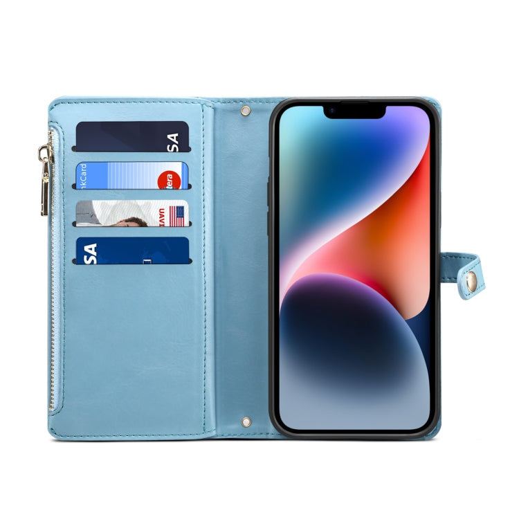 For iPhone 15 Plus ESEBLE Star Series Lanyard Zipper Wallet RFID Leather Case(Blue) by ESEBLE