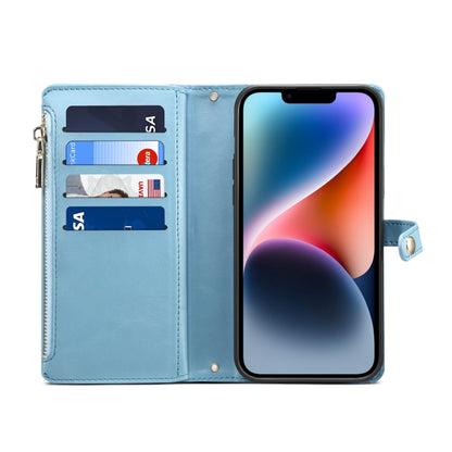 For iPhone 15 Plus ESEBLE Star Series Lanyard Zipper Wallet RFID Leather Case(Blue) by ESEBLE