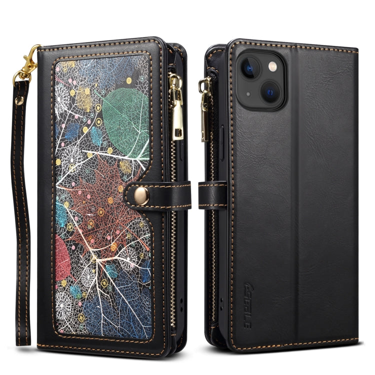 For iPhone 15 Plus ESEBLE Star Series Lanyard Zipper Wallet RFID Leather Case(Black) by ESEBLE