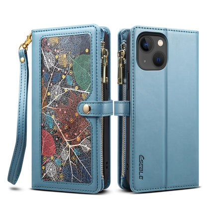 For iPhone 15 ESEBLE Star Series Lanyard Zipper Wallet RFID Leather Case(Blue) by ESEBLE