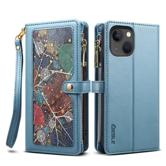 For iPhone 15 ESEBLE Star Series Lanyard Zipper Wallet RFID Leather Case(Blue) by ESEBLE