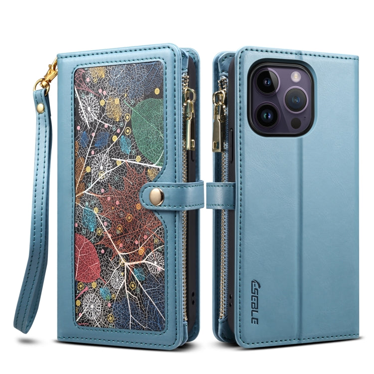 For iPhone 16 Pro Max ESEBLE Star Series Lanyard Zipper Wallet RFID Leather Case(Blue) by ESEBLE