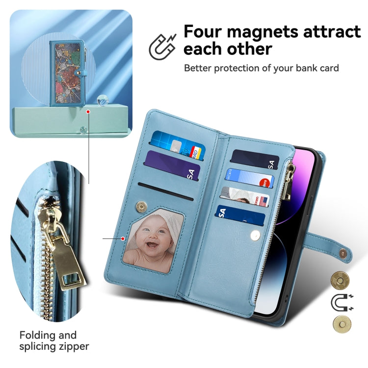 For iPhone 16 Plus ESEBLE Star Series Lanyard Zipper Wallet RFID Leather Case(Blue) by ESEBLE