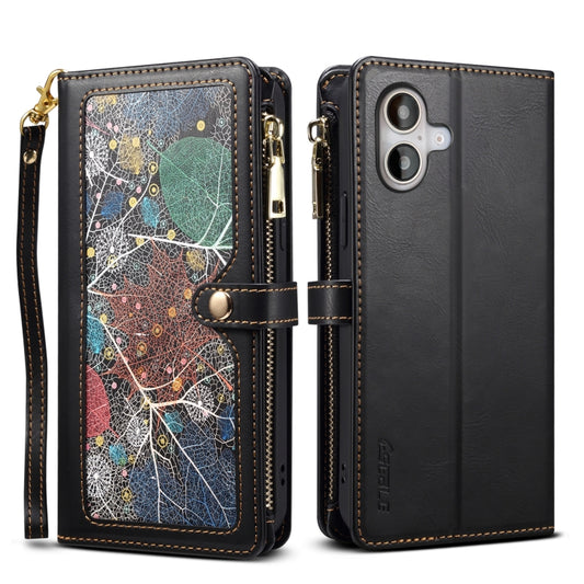 For iPhone 16 Plus ESEBLE Star Series Lanyard Zipper Wallet RFID Leather Case(Black) by ESEBLE