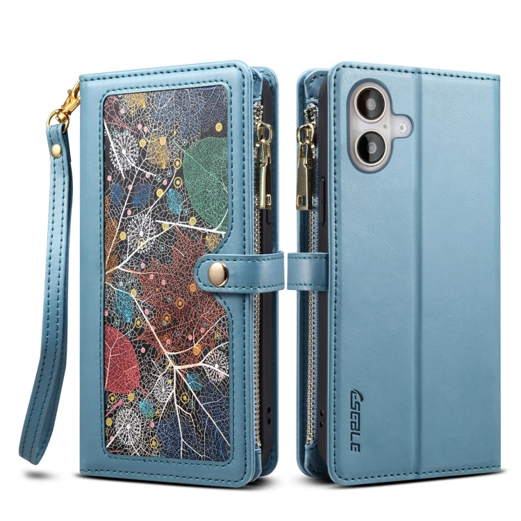 For iPhone 16 ESEBLE Star Series Lanyard Zipper Wallet RFID Leather Case(Blue) by ESEBLE