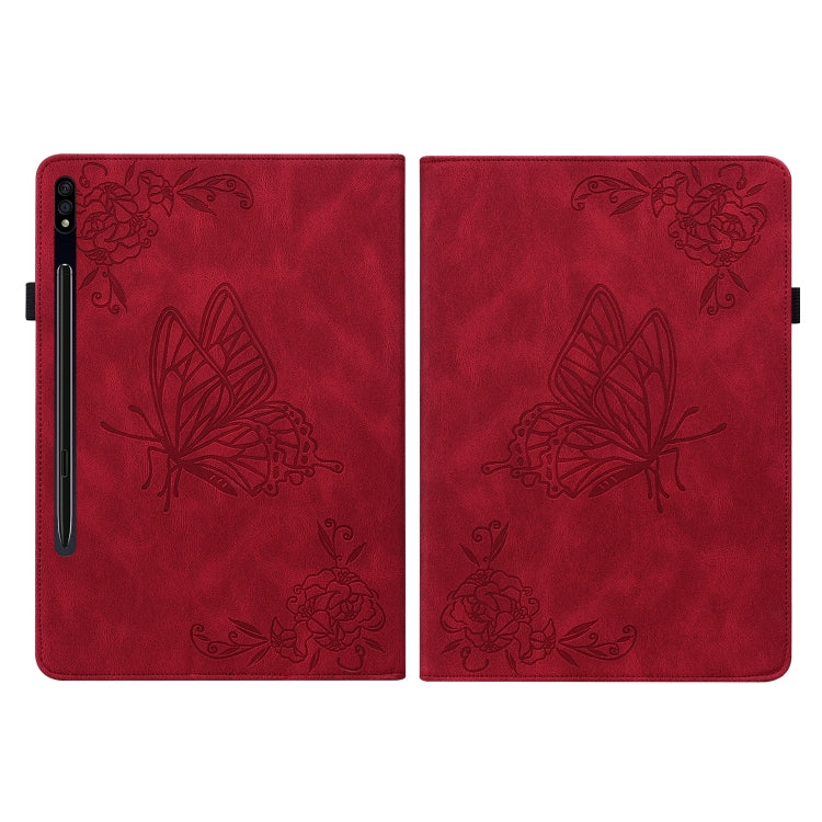 For Samsung Galaxy Tab S9 Butterfly Flower Embossed Leather Tablet Case(Red) by bashfashion